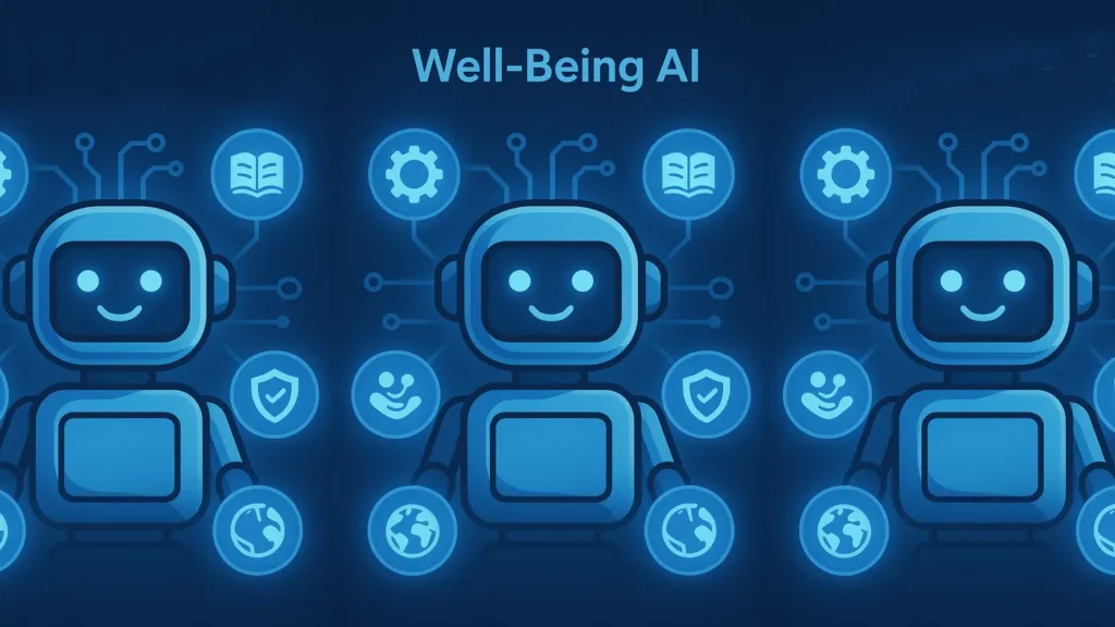 Well-Being-AI Ilustracja Well‑Being AI – PAPERS i empatia dla AI, przedstawiająca humanoidalnego robota z siecią ikon symbolizujących dobrostan maszyn