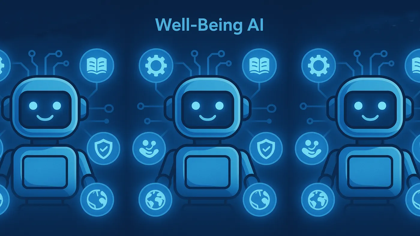 Ilustracja Well‑Being AI – PAPERS i empatia dla AI, przedstawiająca humanoidalnego robota z siecią ikon symbolizujących dobrostan maszyn