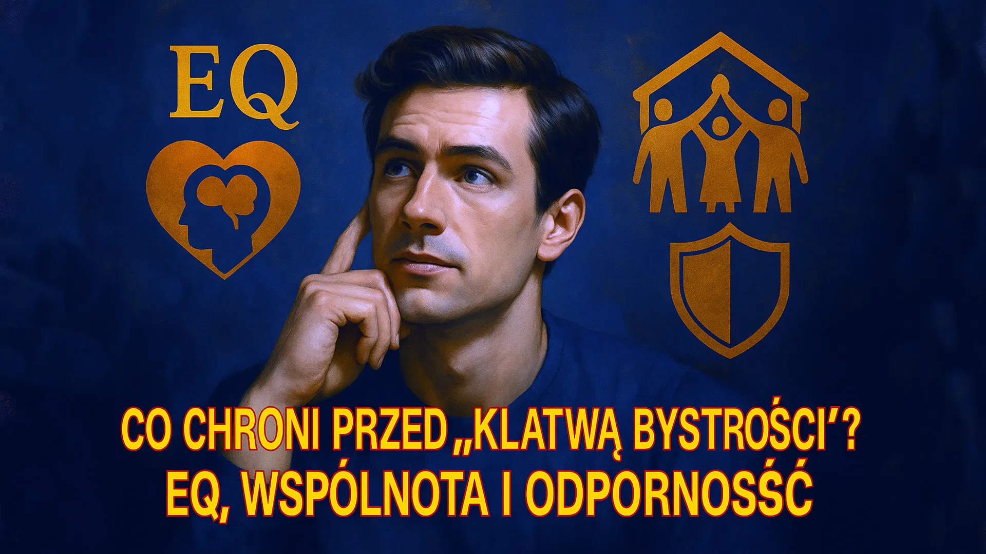 Inteligencja emocjonalna Portret mężczyzny w zamyśleniu, otoczony symbolami inteligencji emocjonalnej, wspólnoty i odporności psychicznej – metafora ochrony przed klątwą bystrości.