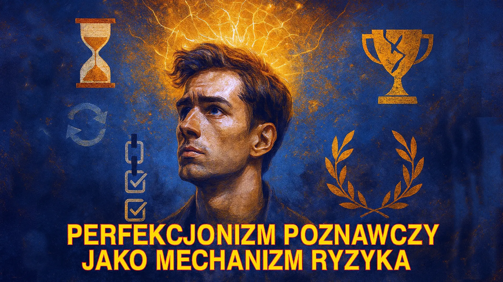 Perfekcjonizm poznawczy Mężczyzna z rozświetlonym mózgiem w formie labiryntu, otoczony symbolami perfekcjonizmu – klepsydrą, łańcuchem z checkboxami i pękniętym trofeum – ilustracja ukazująca perfekcjonizm poznawczy jako mechanizm ryzyka.