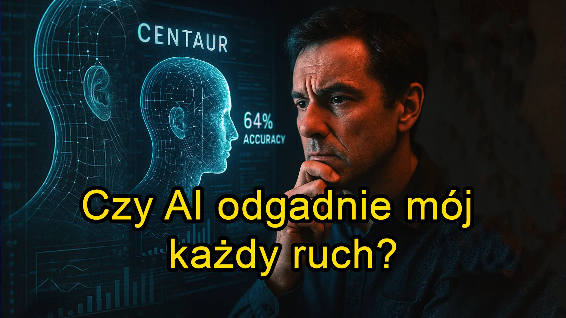 Mężczyzna patrzący na hologram sztucznej inteligencji Centaur przewidującej ludzkie decyzje z dokładnością 64%