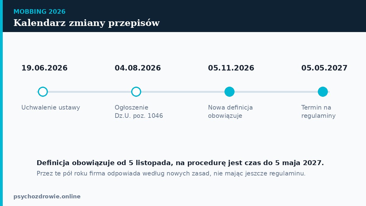 Os czasu: ustawa uchwalona 19 czerwca 2026, ogloszona 4 sierpnia, nowa definicja obowiazuje od 5 listopada 2026, regulaminy do 5 maja 2027