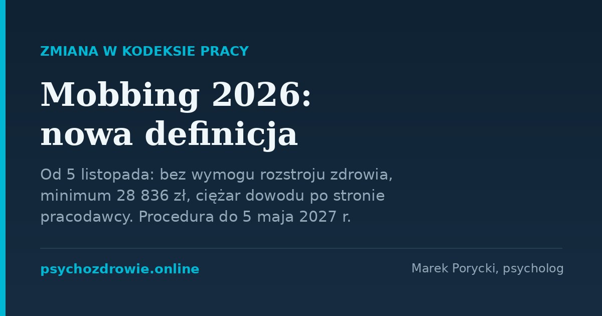 Nowa definicja mobbingu od 5 listopada 2026: bez wymogu rozstroju zdrowia, minimum 28 836 zl zadoscuczynienia