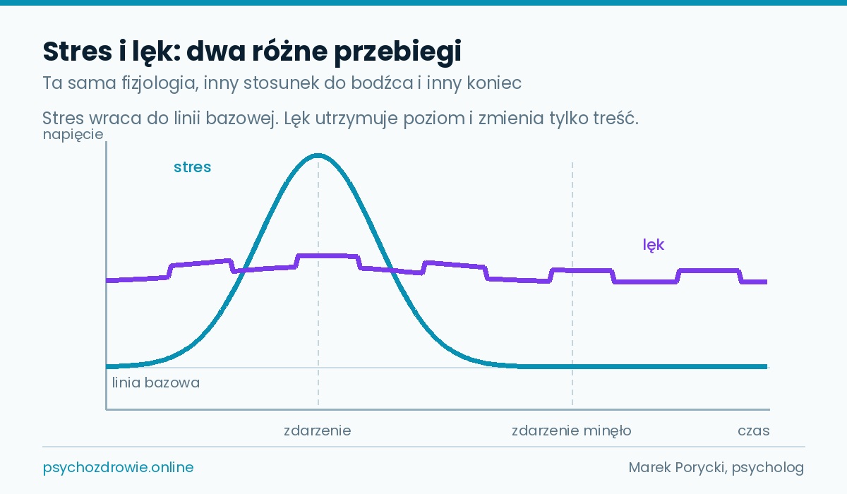 Wykres: stres wraca do linii bazowej, lęk utrzymuje podwyższony poziom